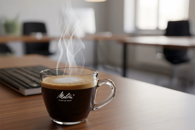 Espressotasse mit Kaffeevollautomat im Büro