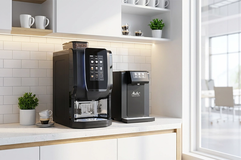Moderne Kaffeestation mit einem schwarzen Kaffeevollautomaten und einem Wasserspender in einem Büro.