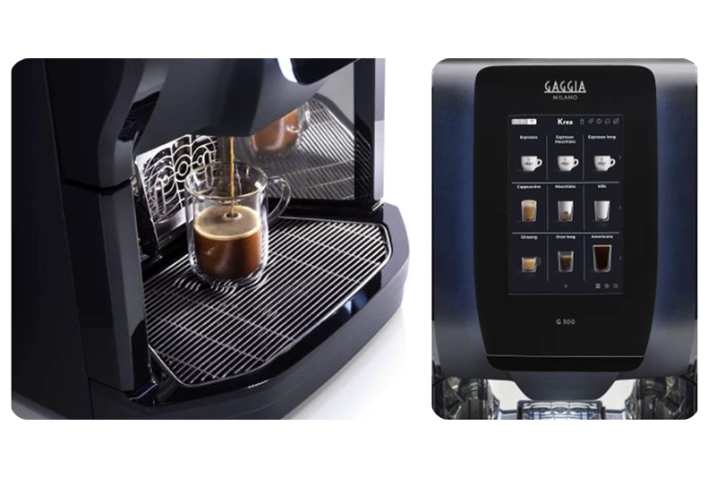 Frisch gebrühter Kaffee und digitales Bedienpanel der professionellen Gaggia G300 Kaffeemaschine